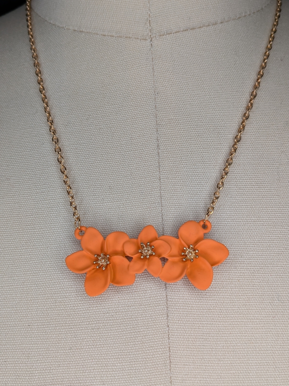 Bright Orange Matte Silicone Flower Statement Bar Necklace Gold Tone Chain